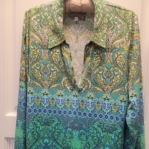 Johnny Was Janie Tunic, Long Sleeves. Vibrant Shades Of Blue, Green And Yellow.